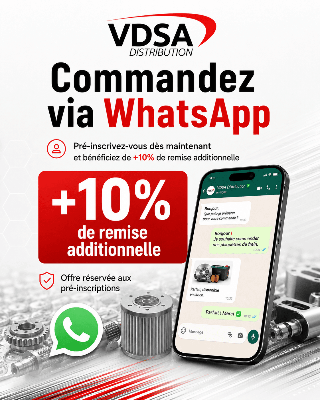 VDSA Distribution — Commandez via WhatsApp et bénéficiez de 10% de remise additionnelle